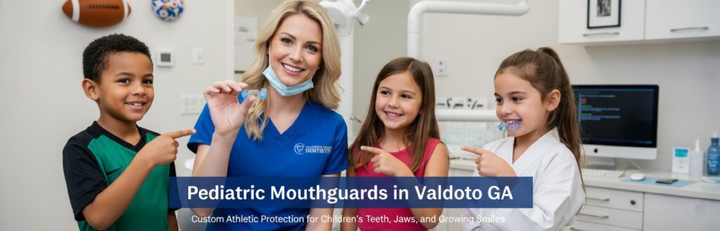 Pediatric dentist in Valdosta GA fitting custom mouthguard for child patient.