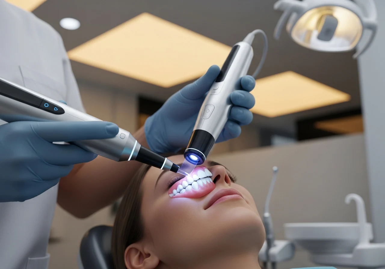 Adult wearing clear aligners, smiling confidently