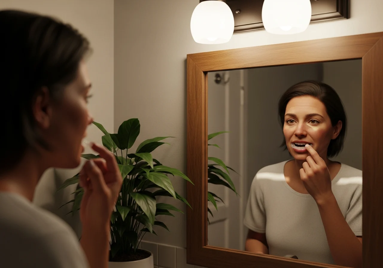 Adult using smartphone to track aligner progress